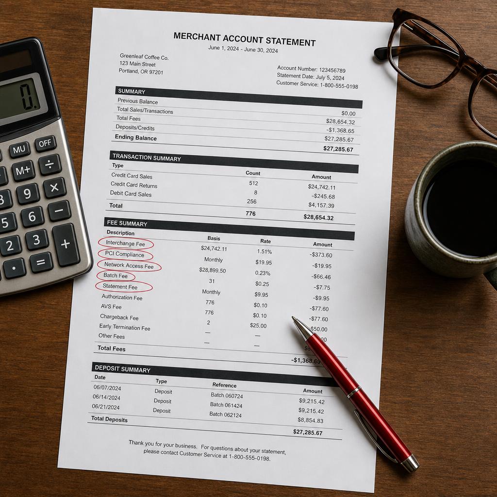 Illustrative example of a merchant statement with hidden fees circled in red pen